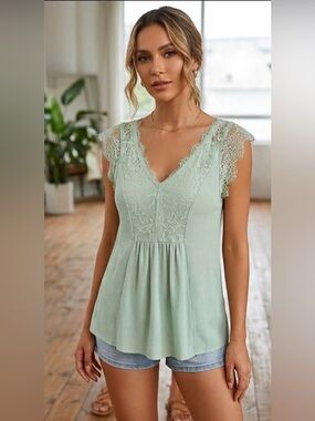 Green Lace Tie Front Blouse